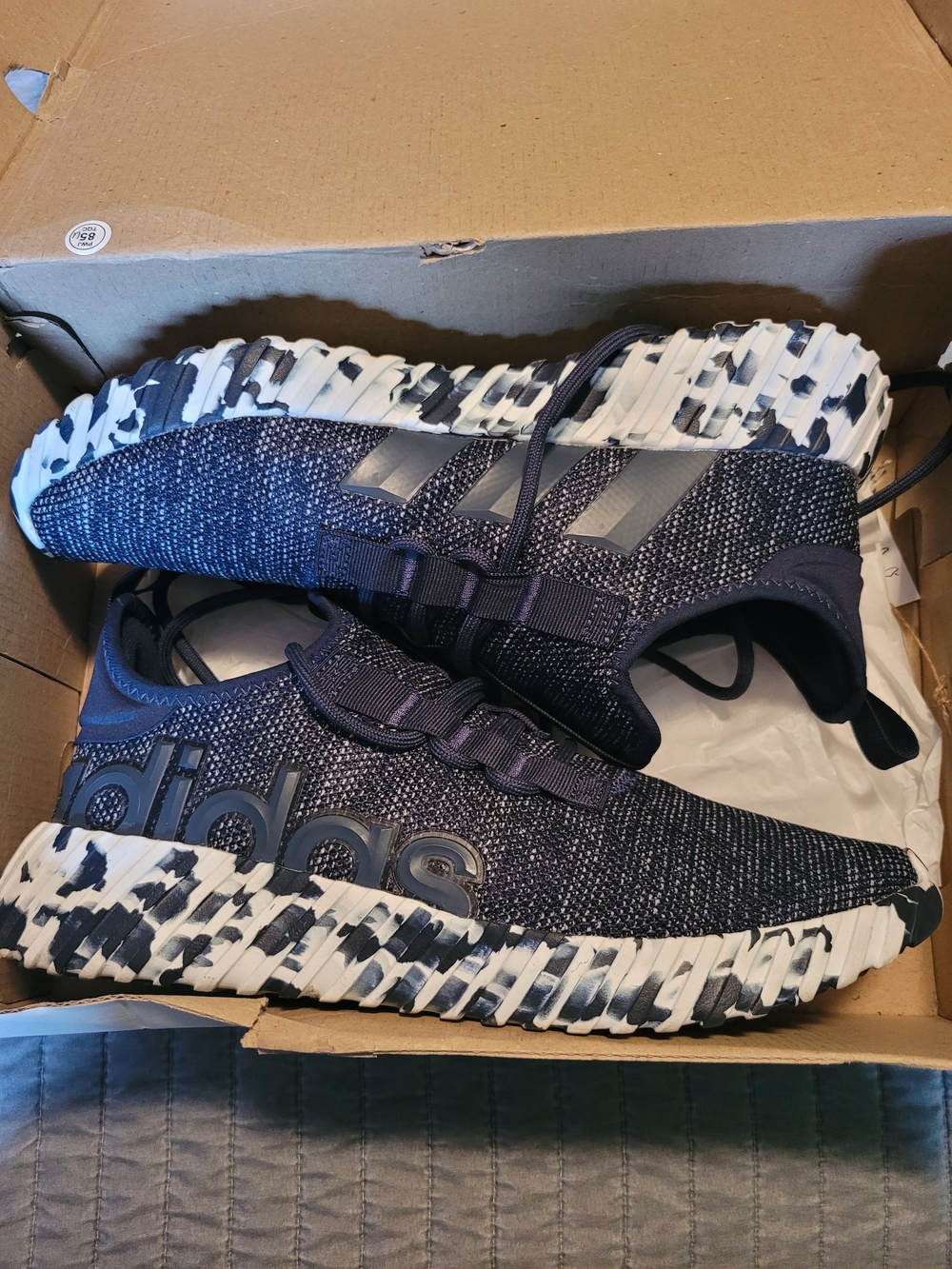 Adidas Mens Navy Knit Sneakers with Marbled White Sole